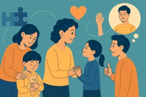 Ilustración sobre características del autismo que representa apoyo, comprensión y acompañamiento a personas autistas