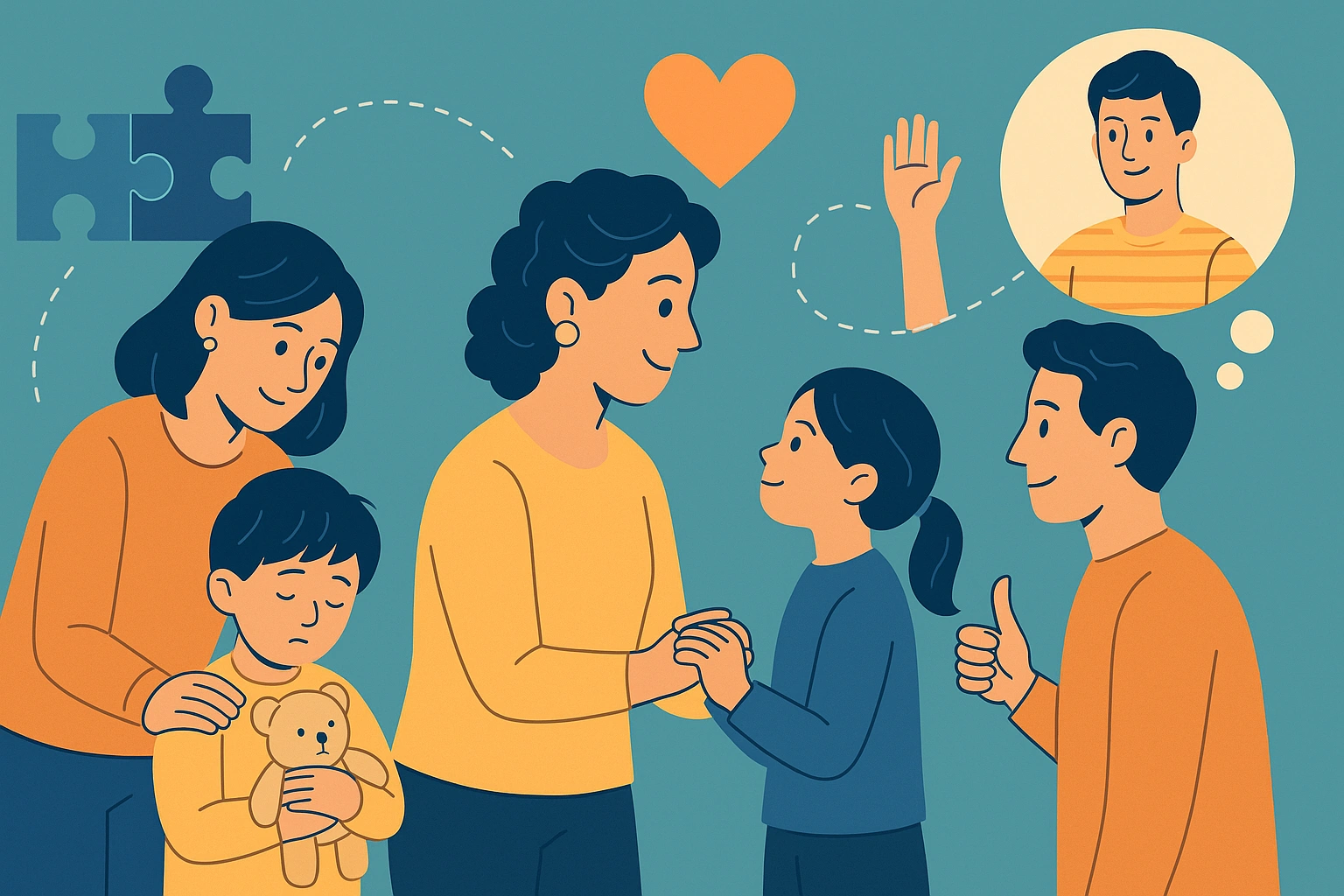 Ilustración sobre características del autismo que representa apoyo, comprensión y acompañamiento a personas autistas