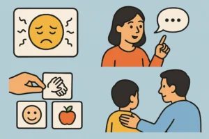 infografía sobre sobre comunicación en autismo, mostrando dificultades, uso de apoyos visuales y acompañamiento comunicativo