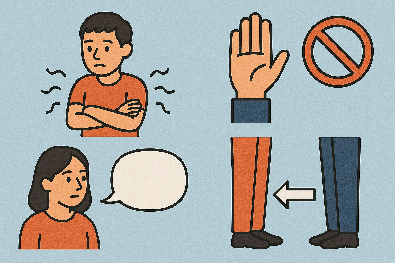 Infografía horizontal sobre déficits de comunicación no verbal en el autismo, mostrando gestos, posturas corporales y distancia interpersonal.