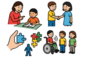 Aula inclusiva con alumnado diverso, incluida una estudiante autista, participando con apoyos visuales y metodologías adaptadas para favorecer la inclusión educativa y autismo.”