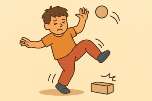 Niño tropezando mientras intenta esquivar un objeto, representando dificultades de coordinación, torpeza motora y señales de dispraxia en el autismo.