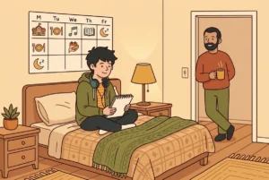 Adolescente autista con su agenda visual en su habitación
