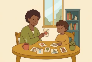 Madre y niño autista jugando en casa con tarjetas de imágenes para comunicarse