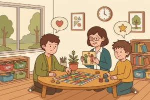 Dos niños autistas jugando a un juego de mesa con una profesional que los guía