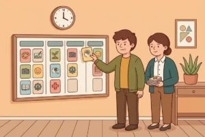 Niño autista usando una tableta con pictogramas para comunicarse, acompañado de un adulto