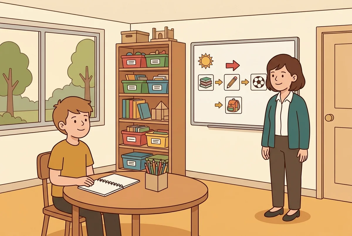 Docente y alumno autista en un aula con un horario visual de pictogramas