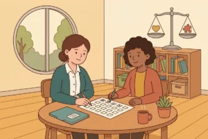 Profesional y madre revisando juntas una lista de criterios, con una balanza al fondo