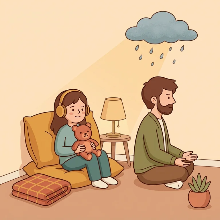 Persona adulta acompañando con calma a una niña autista en un rincón tranquilo, con una nube de lluvia al fondo