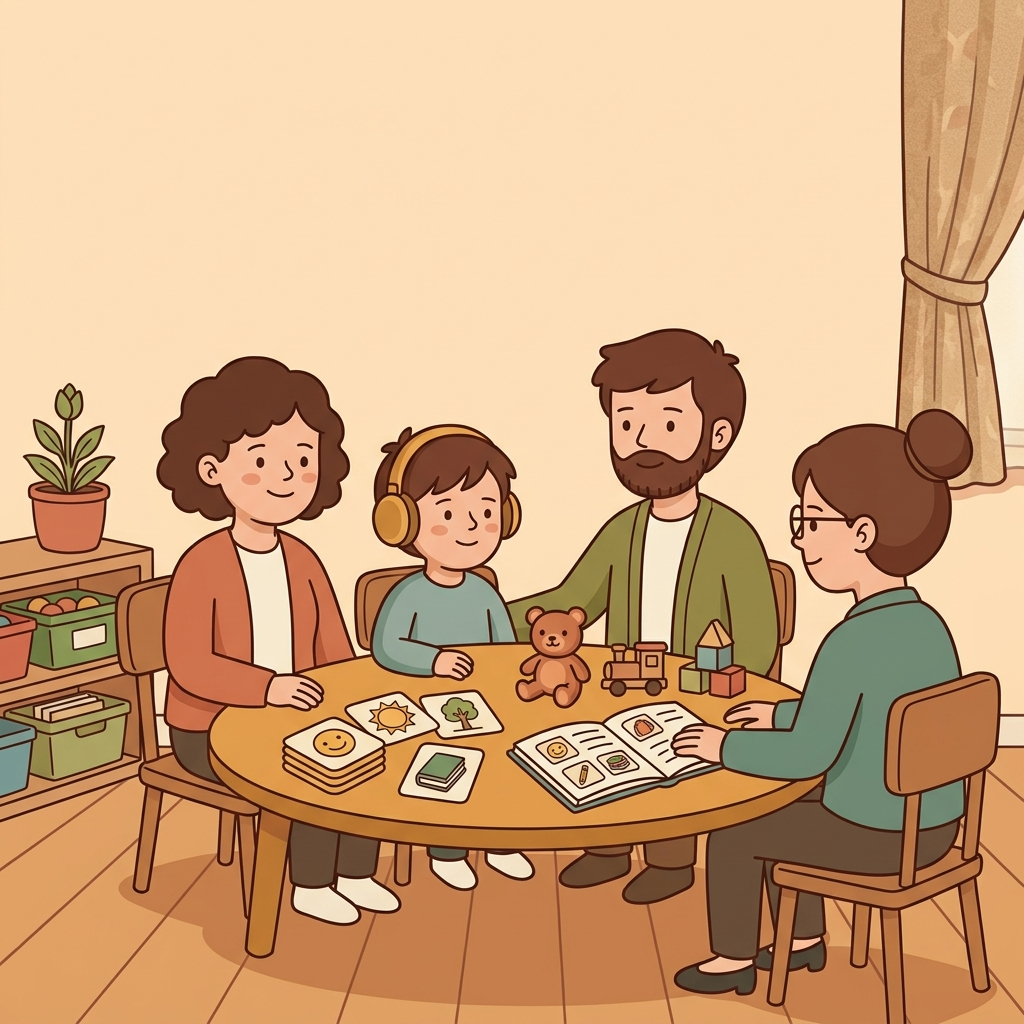 Familia y terapeuta en una mesa con pictogramas, una agenda visual y juguetes, hablando con calma sobre el apoyo a un niño autista